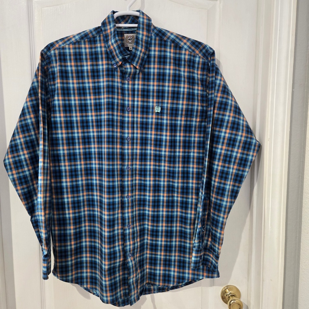 Cinch Button Down Shirt Mens Med Blue Orange Plaid Long Sleeve Western Rodeo